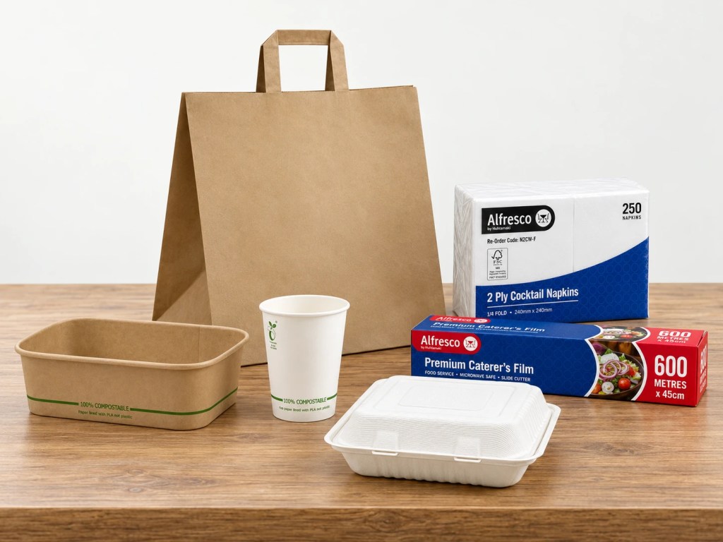 Kraft and fibre food packaging, paper bag, napkins, paper cup and catering foil displayed on a wooden table